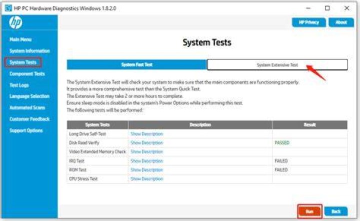 What happens if a HP PC Hardware Diagnostics UEFI test fails?