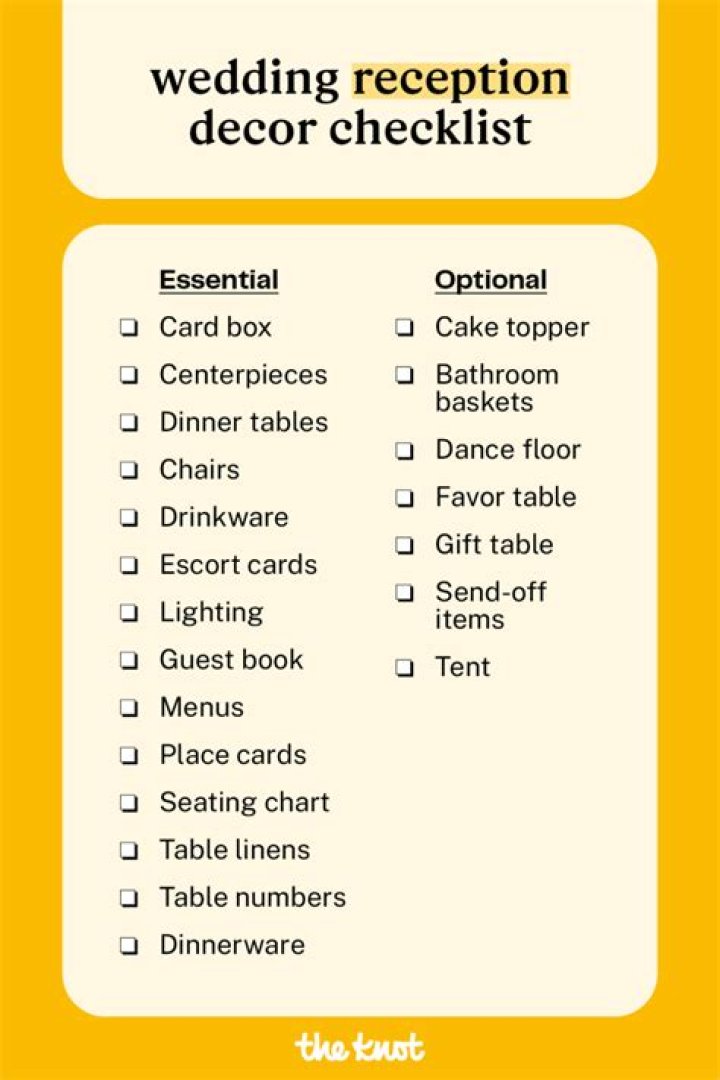 What items are needed for a wedding reception?